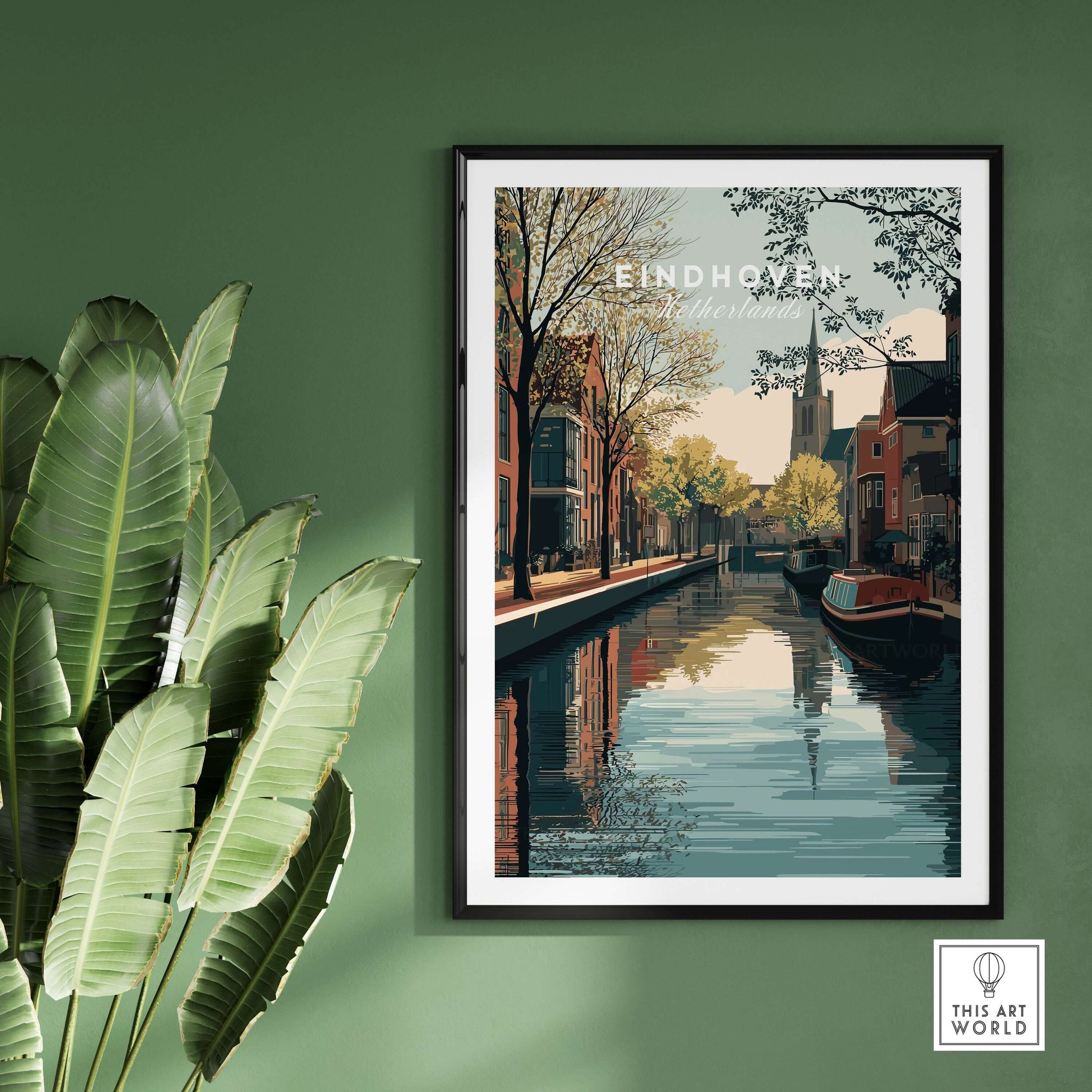 Eindhoven Print | Dutch City Wall Decor featuring a picturesque canal scene with trees and buildings.