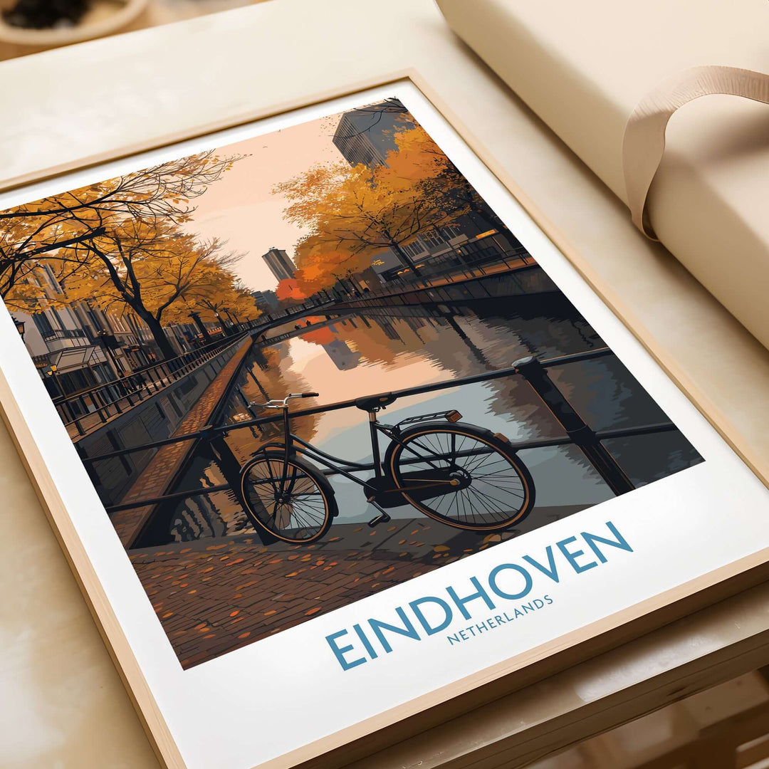 Eindhoven Netherlands Art Print | Autumn Cityscape Poster showcasing a bike by the canal with autumn foliage.