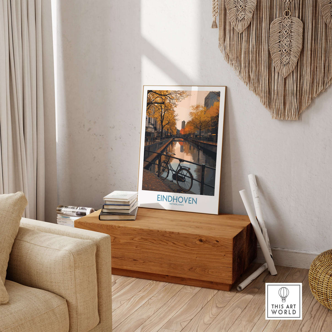 Eindhoven Netherlands Art Print | Autumn Cityscape Poster displayed in a cozy living room setting.
