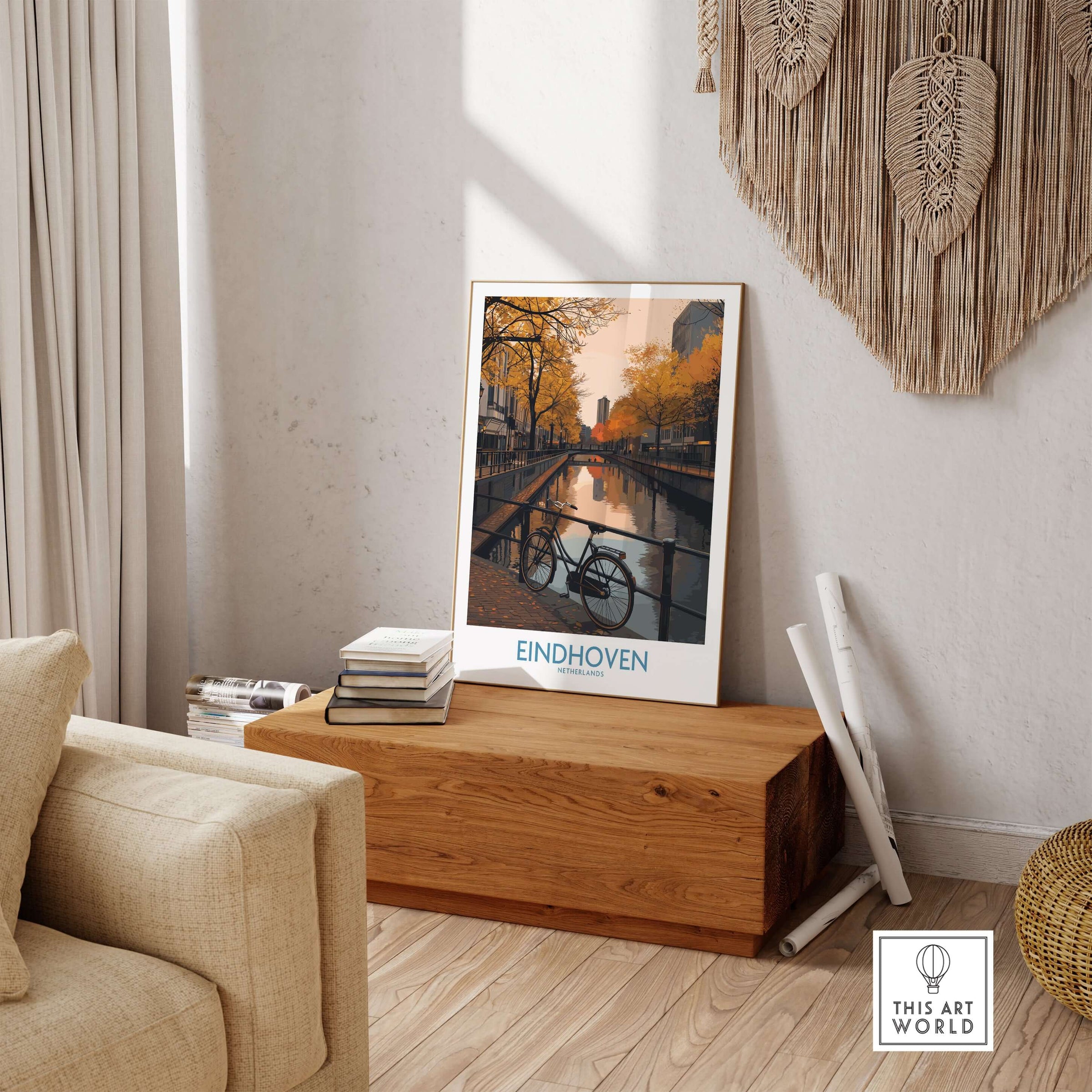Eindhoven Netherlands Art Print | Autumn Cityscape Poster displayed in a cozy living room setting with warm autumn hues.