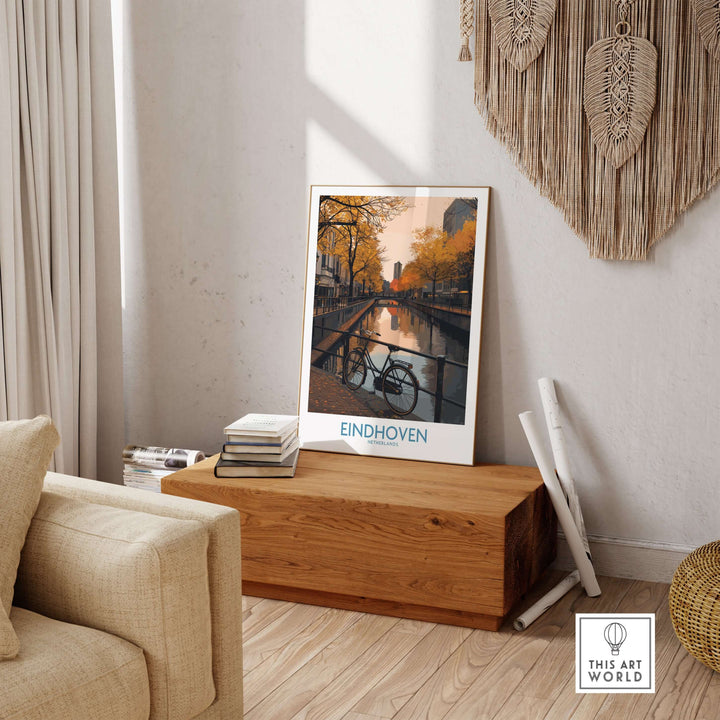 Eindhoven Netherlands Art Print | Autumn Cityscape Poster displayed in a cozy living room setting.