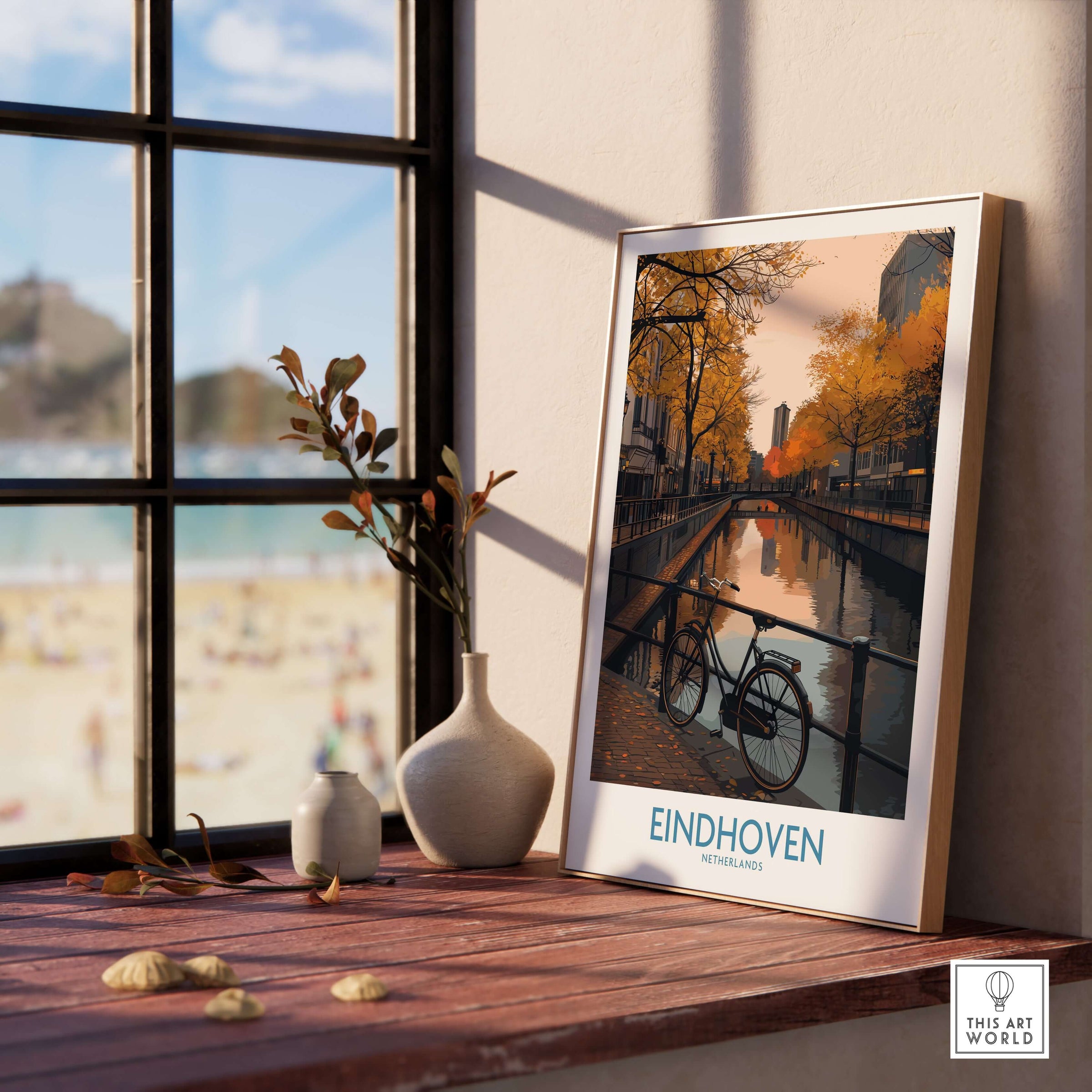 Eindhoven Netherlands Art Print | Autumn Cityscape Poster showcasing a vibrant autumn scene with a bicycle by the canal.