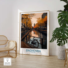 Eindhoven Netherlands Art Print | Autumn Cityscape Poster showcasing a bike by a canal with autumn foliage.