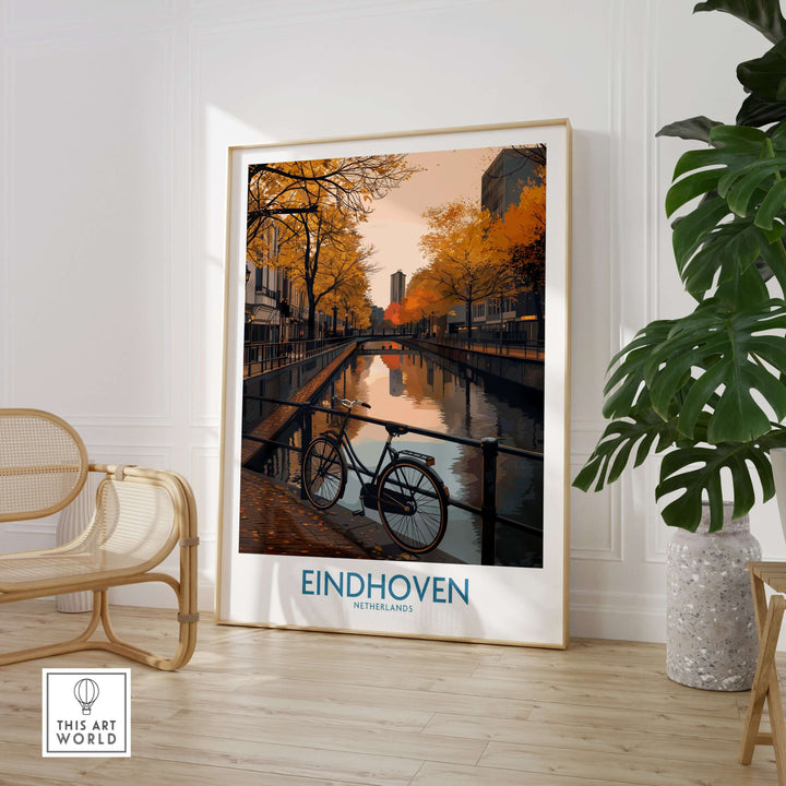 Eindhoven Netherlands Art Print | Autumn Cityscape Poster featuring a bike by a canal and vibrant fall foliage.