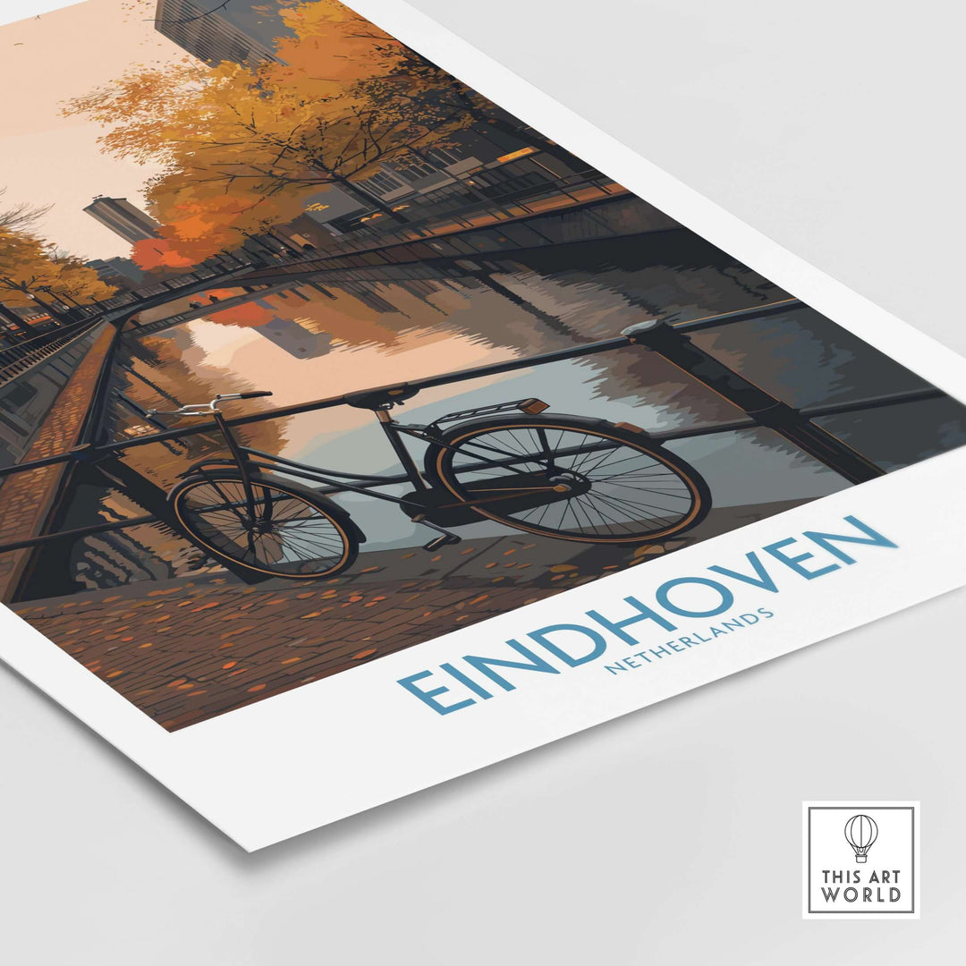 Eindhoven Netherlands Art Print | Autumn Cityscape Poster showcasing a bicycle and fall reflection on water.