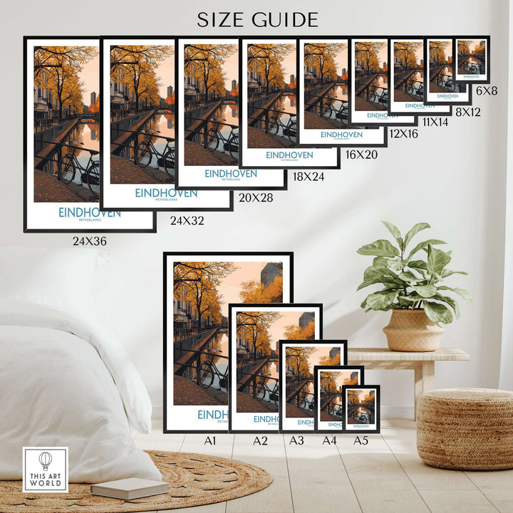 Eindhoven Netherlands Art Print | Autumn Cityscape Poster size guide showcasing various frame sizes.