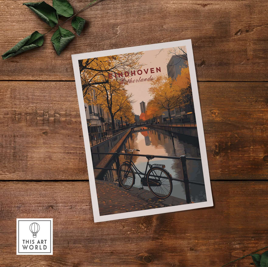 Eindhoven Print | Netherlands Home Decor Walll Art featuring a cityscape with a bicycle by the canal.