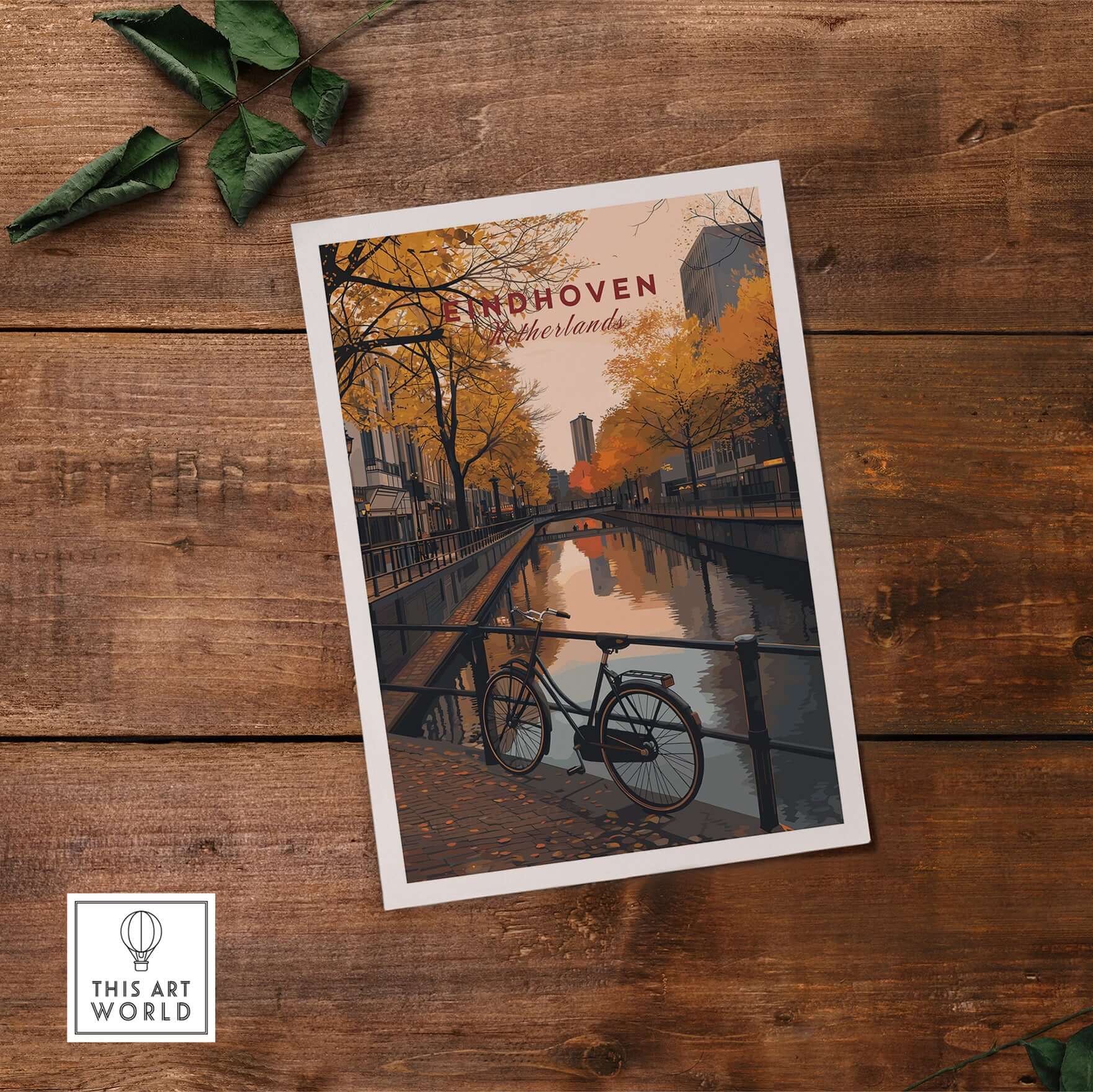 Eindhoven Print | Netherlands Home Decor Walll Art featuring a bicycle by a canal in autumn.