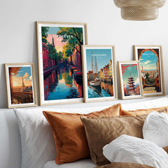 Eindhoven Print | Netherlands Travel Wall Art displayed among other framed city prints in a stylish living room.