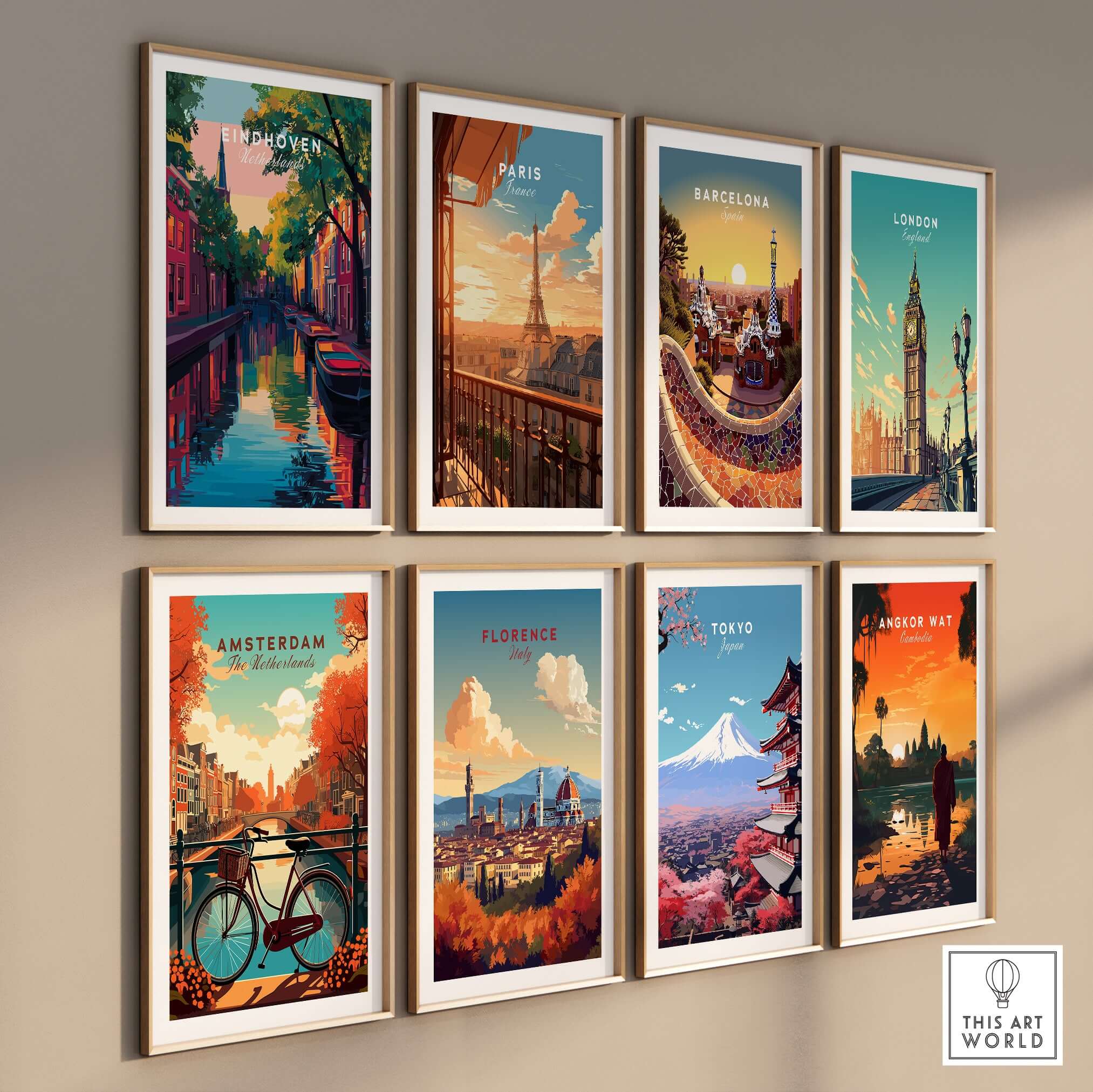 Eindhoven Print | Netherlands Travel Wall Art showcased among vibrant city posters including Paris, Barcelona, and London.