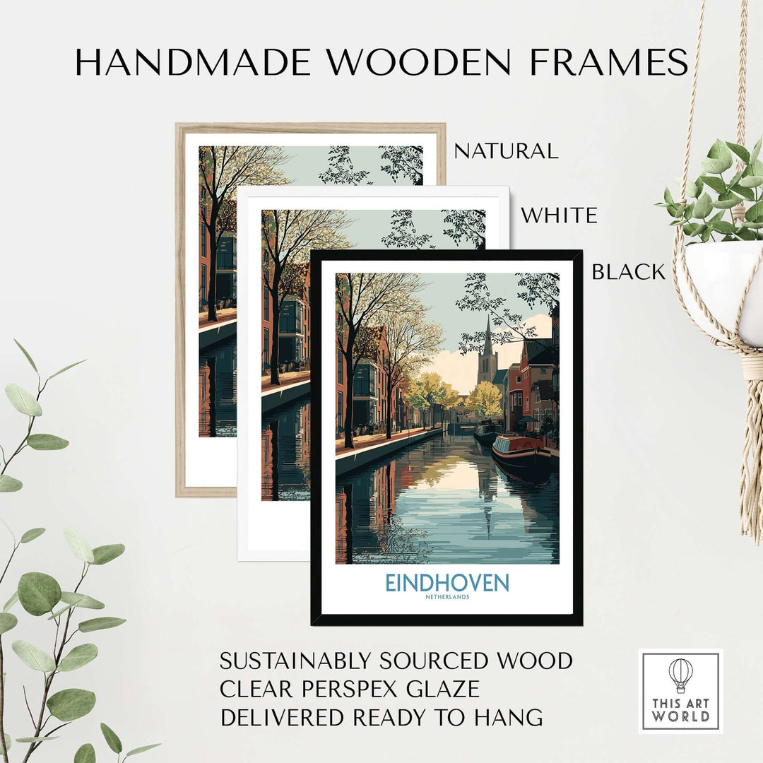 Eindhoven Poster Netherlands Canal Art Print | Historic City Poster framed in natural, white, and black handmade wooden frames.