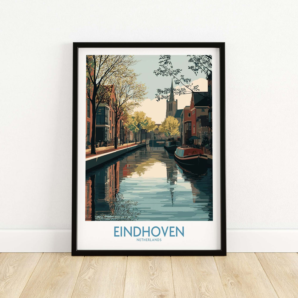 Eindhoven Poster Netherlands Canal Art Print | Historic City Poster depicting serene waterways and historic architecture.