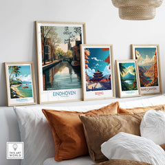 Eindhoven Poster Netherlands Canal Art Print | Historic City Poster displayed among other travel-themed art prints.