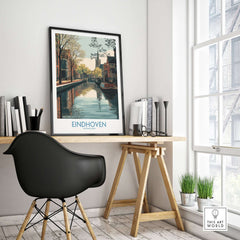 Eindhoven Poster Netherlands Canal Art Print | Historic City Poster displayed on a desk in a modern workspace.