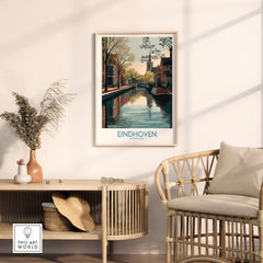 Eindhoven Poster Netherlands Canal Art Print | Historic City Poster displayed in a cozy living room setting.