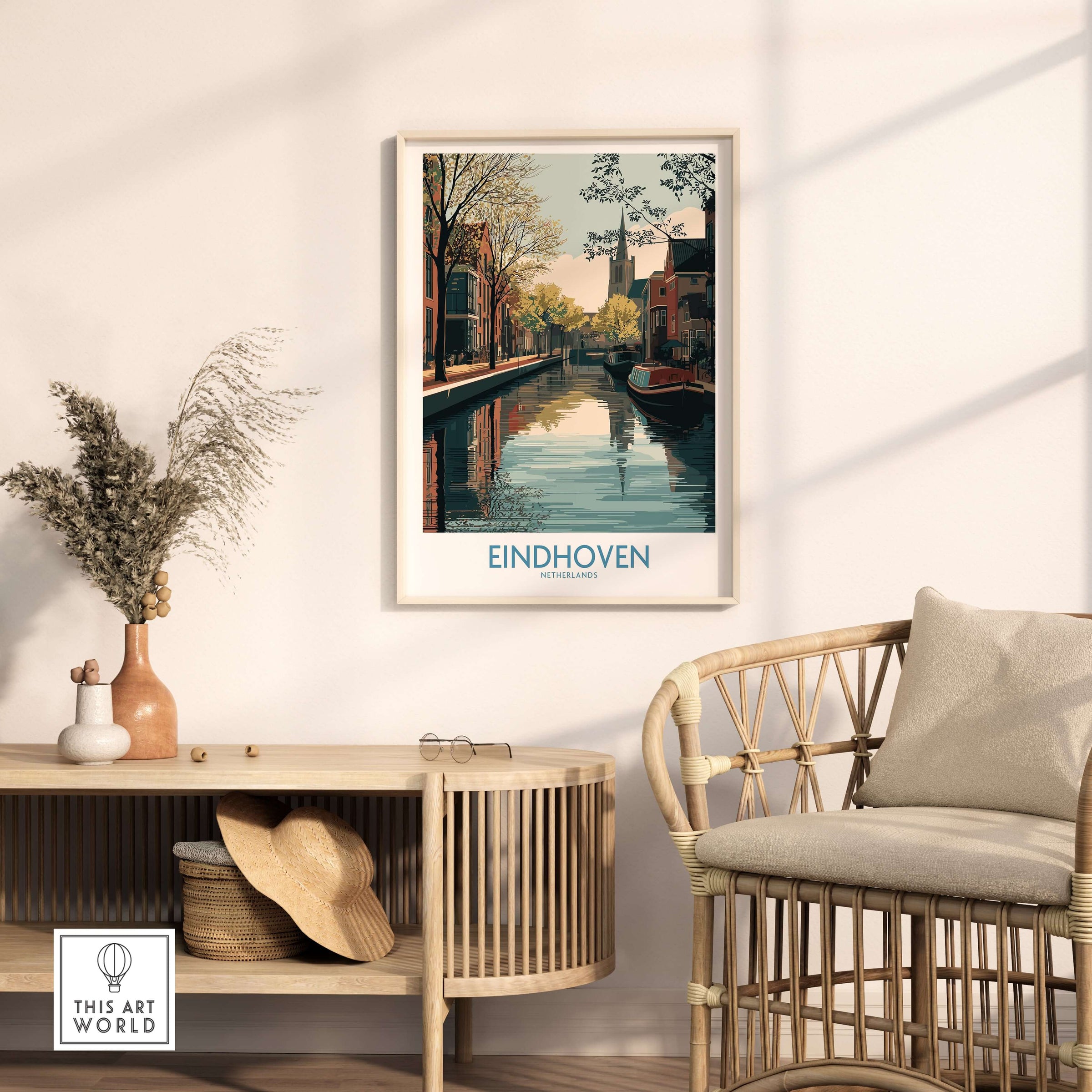 Eindhoven Poster Netherlands Canal Art Print | Historic City Poster displayed in a cozy living room setting.