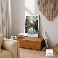 Eindhoven Poster Netherlands Canal Art Print | Historic City Poster displayed in a cozy living room setting.