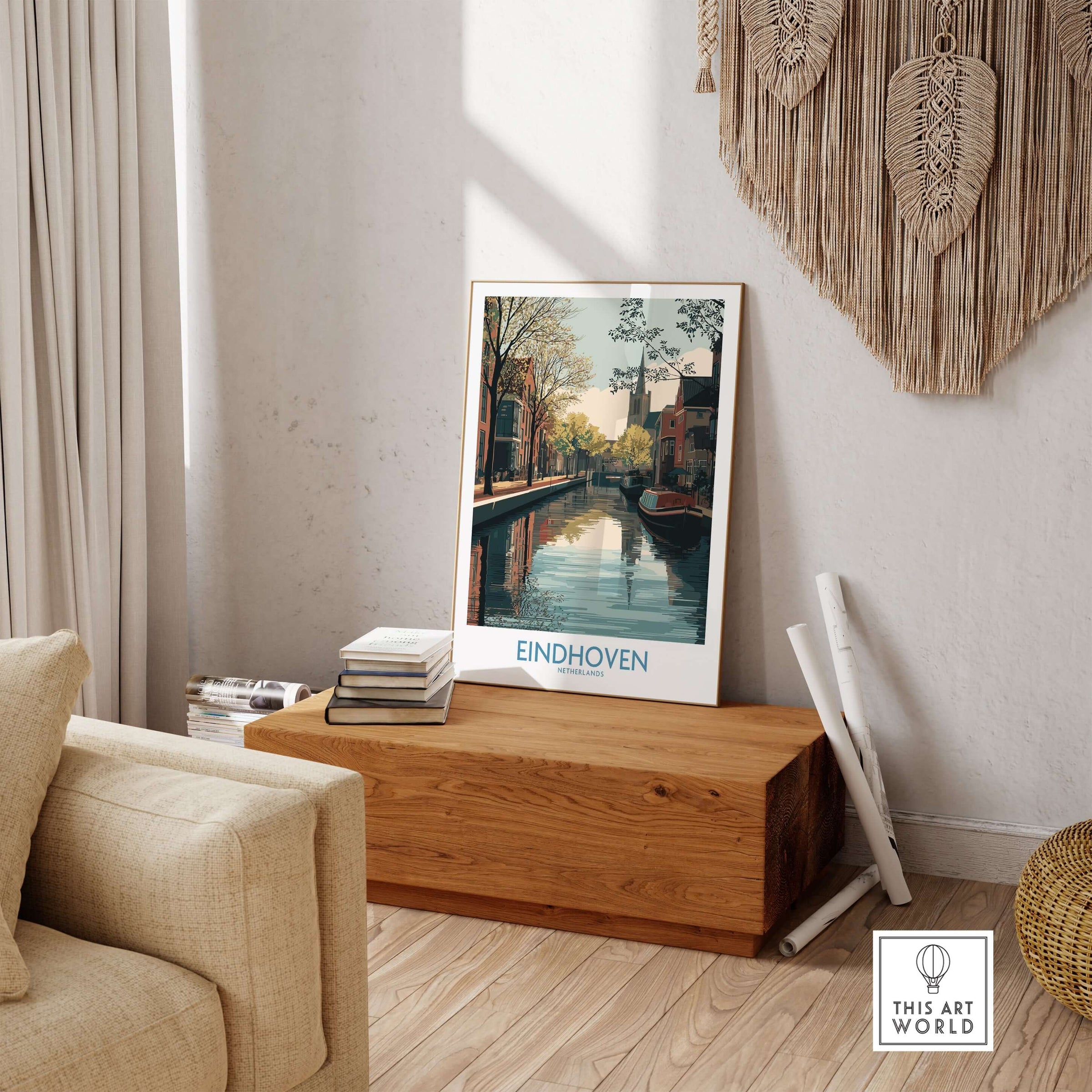 Eindhoven Poster Netherlands Canal Art Print | Historic City Poster displayed in a cozy living room setting.