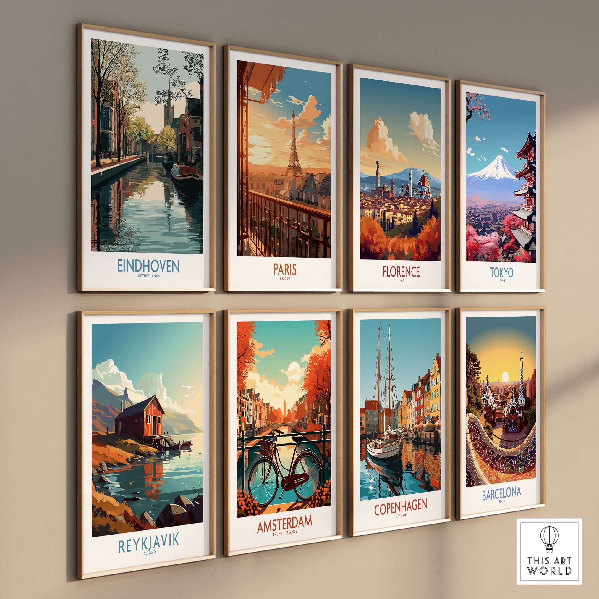 Eindhoven Poster Netherlands Canal Art Print | Historic City Poster displayed with other European city posters.