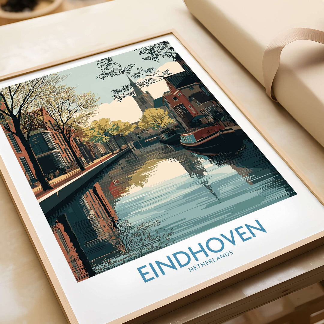Eindhoven Poster Netherlands Canal Art Print | Historic City Poster featuring serene canal scene.