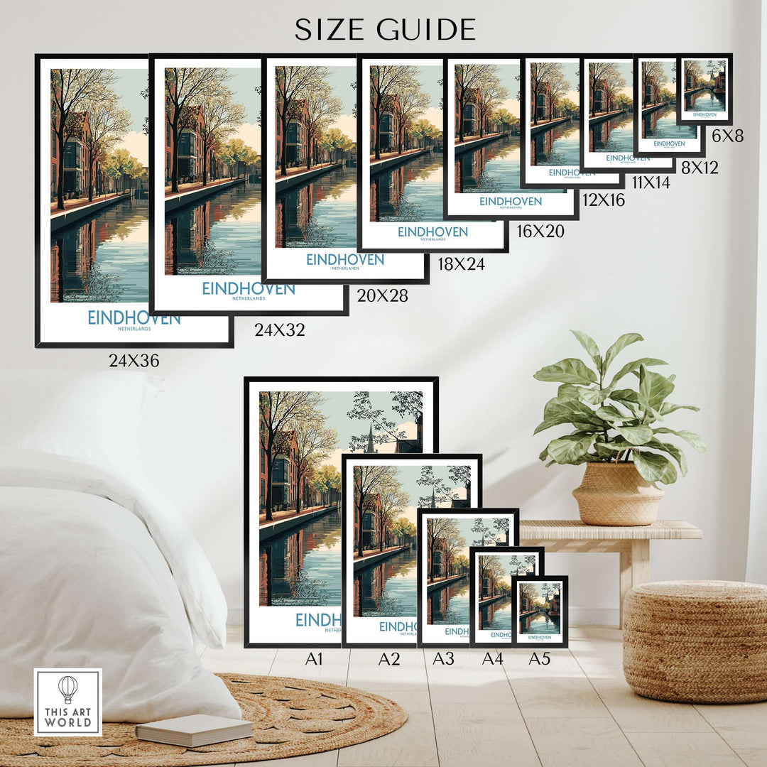 Eindhoven Poster Netherlands Canal Art Print | Historic City Poster size guide showcasing various frame sizes.