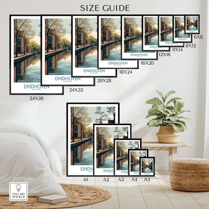 Eindhoven Poster Netherlands Canal Art Print | Historic City Poster size guide showcasing various frame sizes.