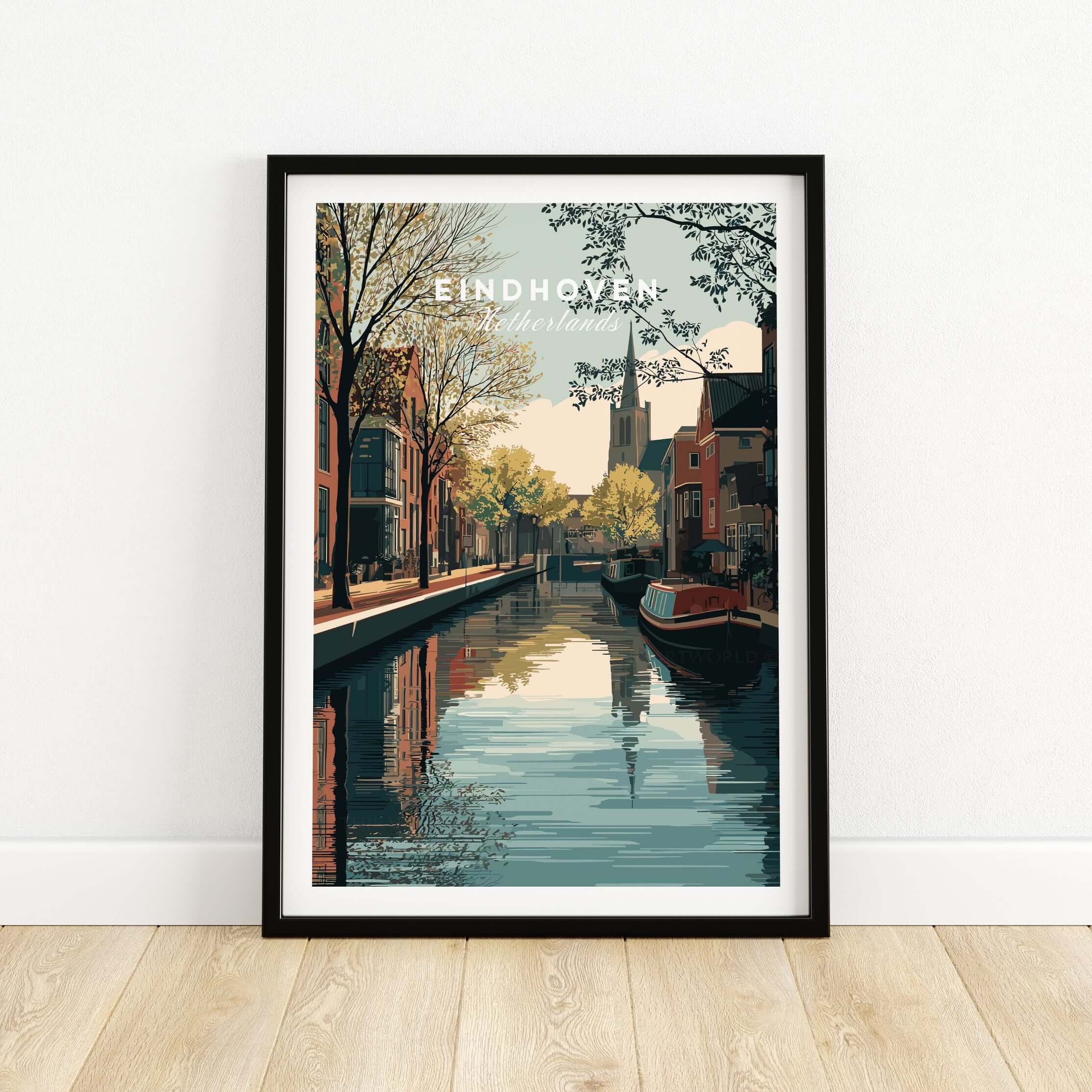 Eindhoven Print | Dutch City Wall Decor showcasing a serene canal with colorful buildings and trees in the backdrop.