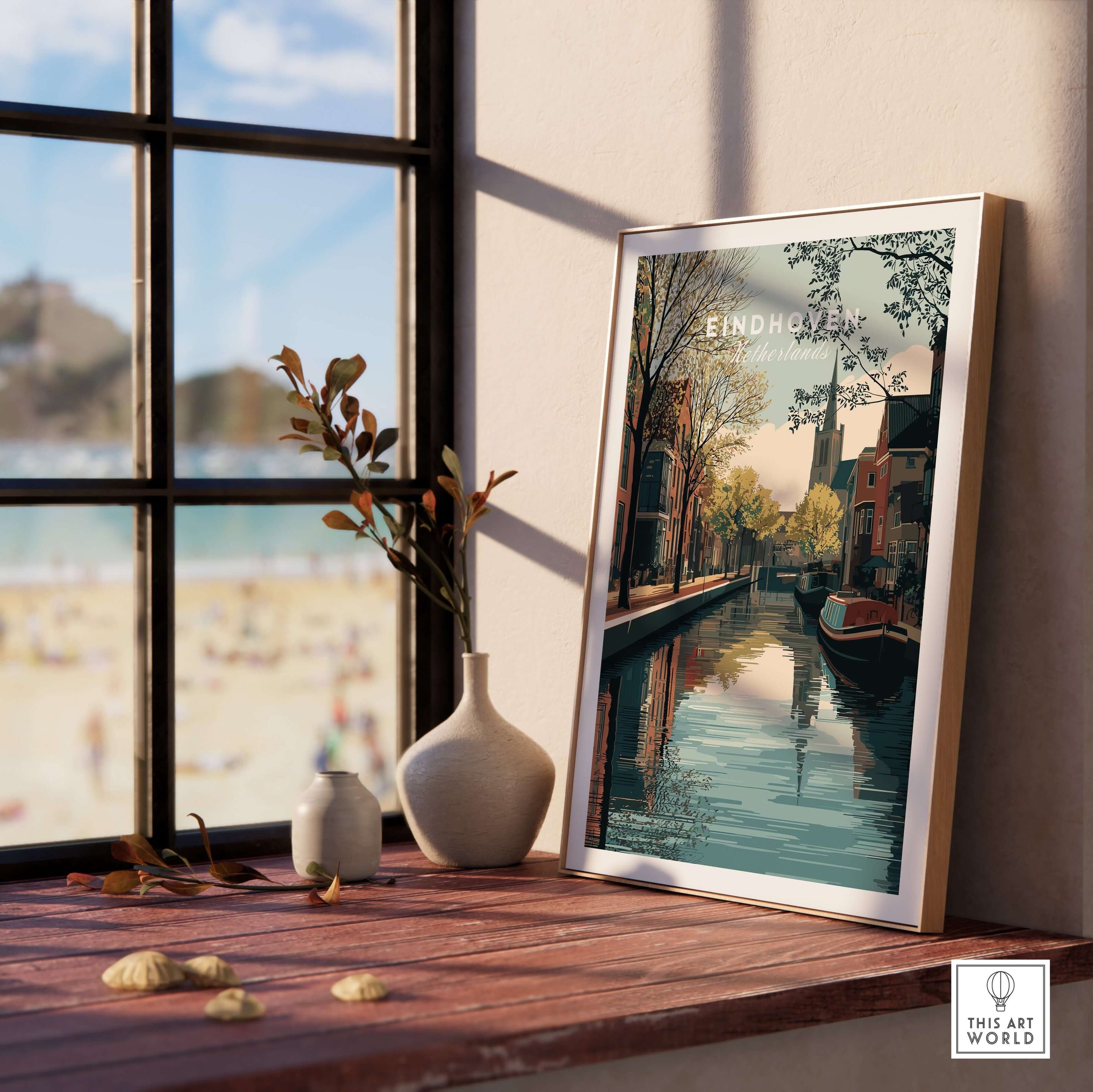 Eindhoven Print | Dutch City Wall Decor displayed in a modern setting near a window.