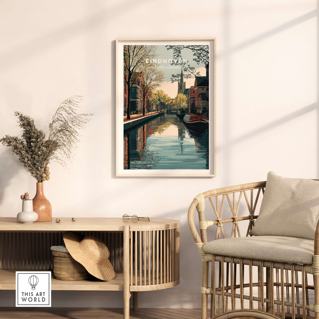 Eindhoven Print | Dutch City Wall Decor featuring a serene canal scene and vibrant city colors.