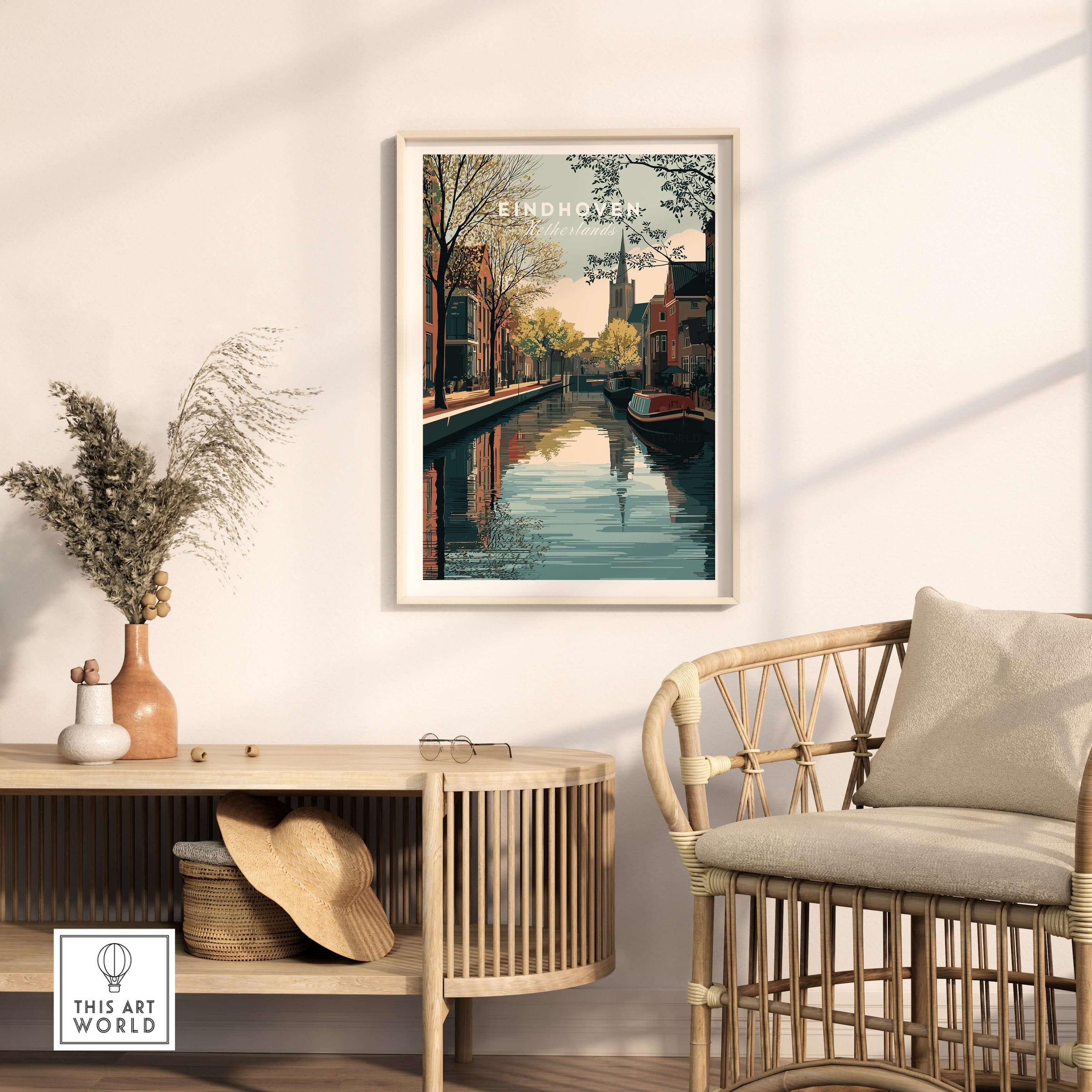 Eindhoven Print | Dutch City Wall Decor in modern interior with rattan furniture and canal view