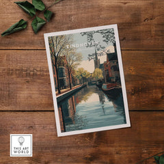 Eindhoven Print | Dutch City Wall Decor featuring a serene canal view in Eindhoven with lush trees and vibrant colors.