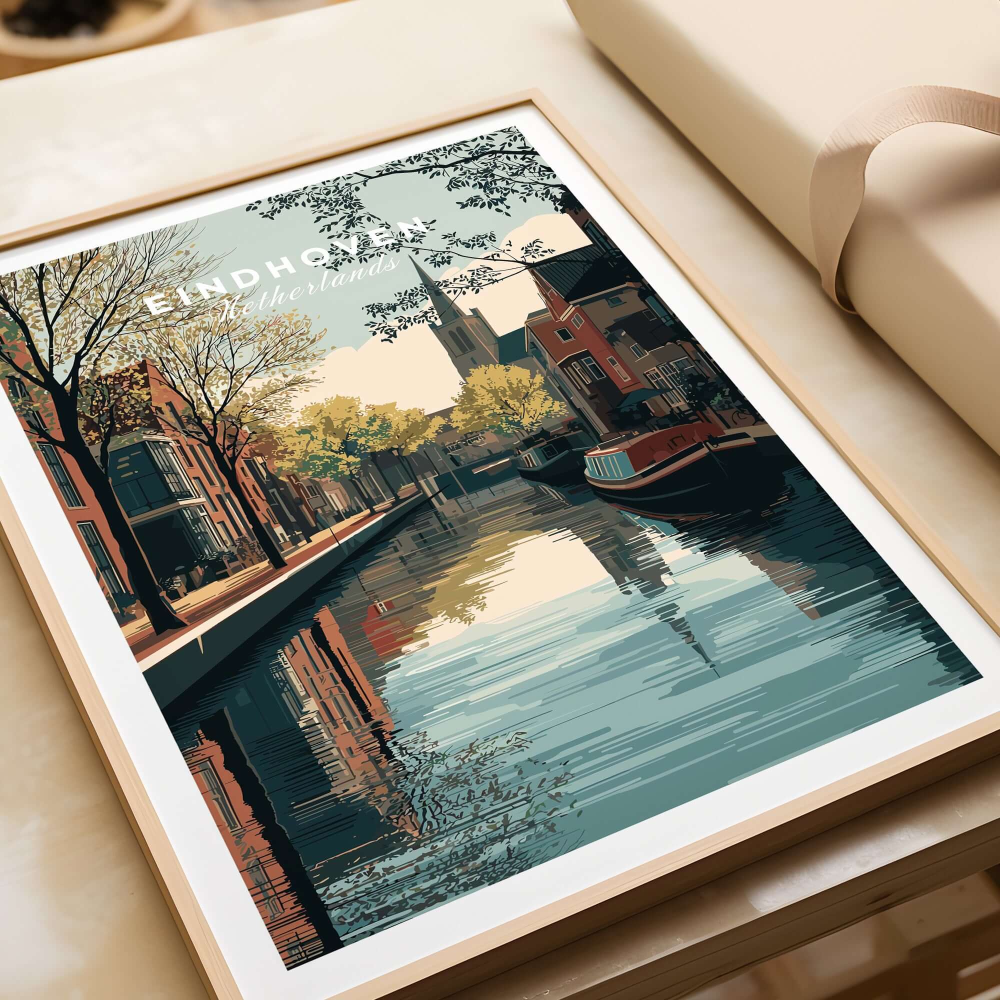 Eindhoven Print | Dutch City Wall Decor showcasing a serene canal view and charming architecture.