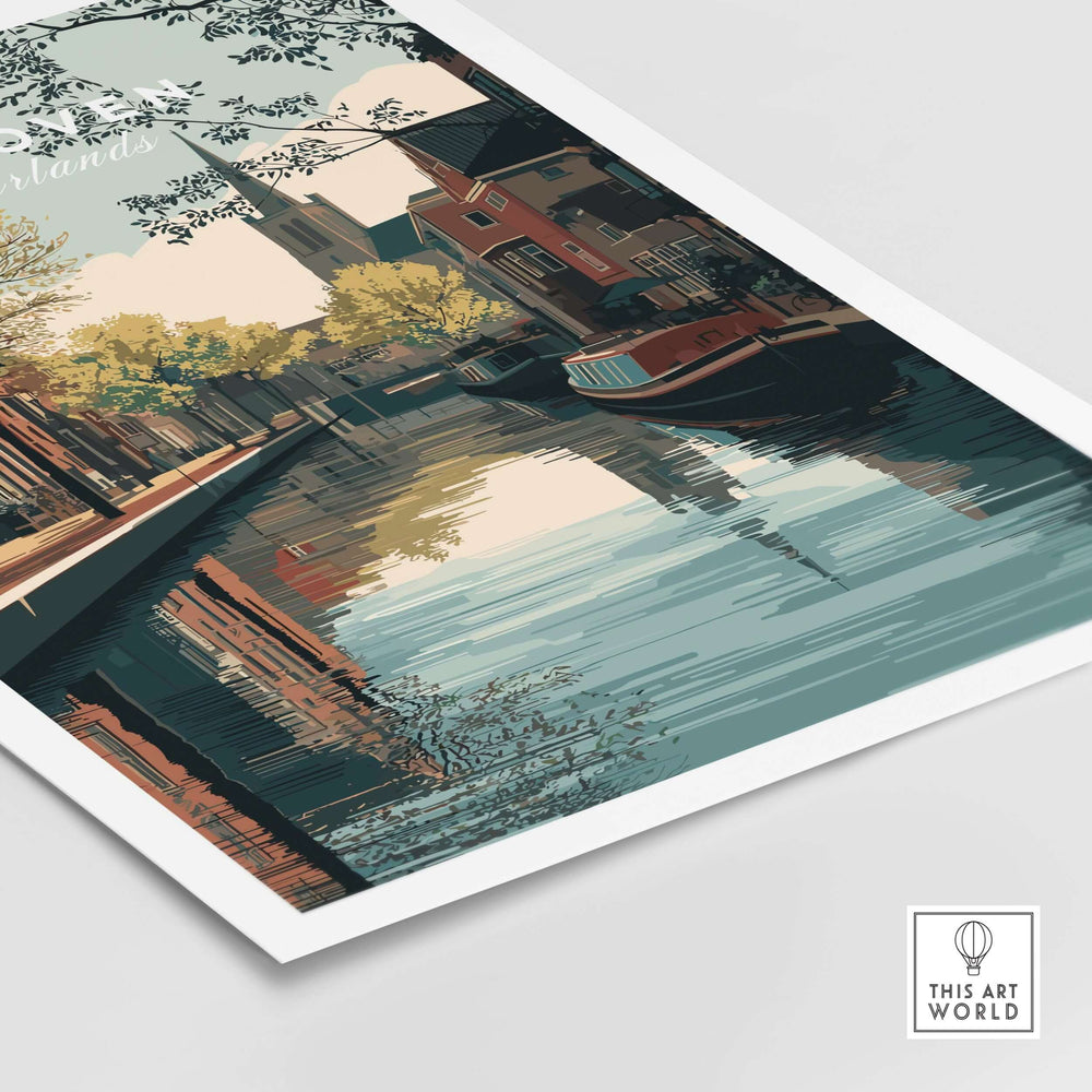 Eindhoven Print | Dutch City Wall Decor showcasing a scenic canal view with buildings and boats in vibrant colors.