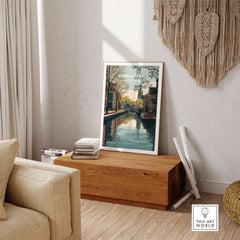 Eindhoven Print | Dutch City Wall Decor featuring a scenic view of Eindhoven's canal in a cozy living room.