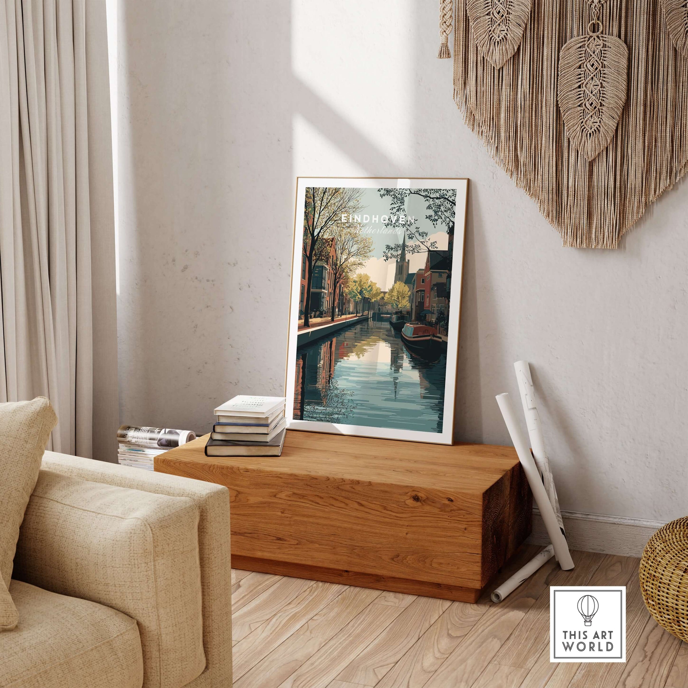 Eindhoven Print | Dutch City Wall Decor featuring a scenic view of Eindhoven's canal in a cozy living room.
