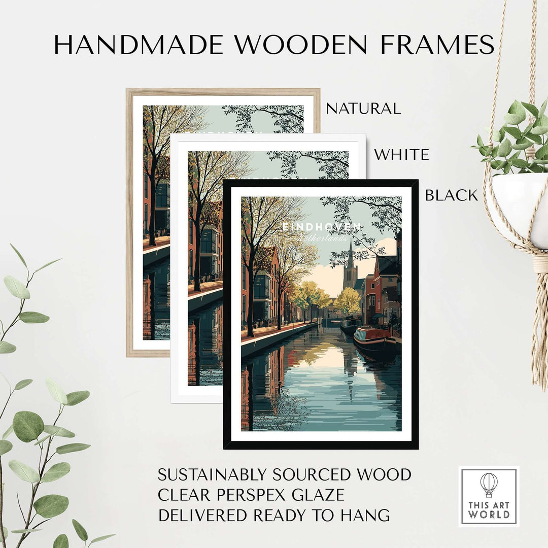 Eindhoven Print | Dutch City Wall Decor framed in natural, white, and black handmade wooden frames.