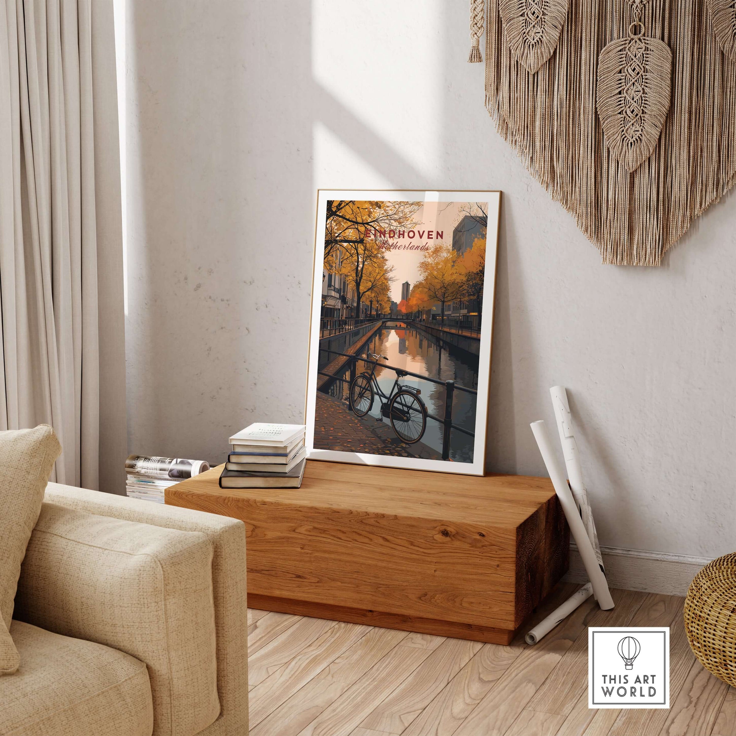 Eindhoven Print | Netherlands Home Decor Walll Art featuring a vibrant cityscape in a modern living room setting.