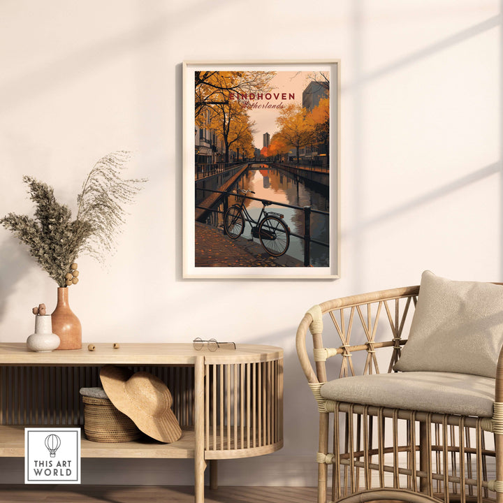 Eindhoven Print | Netherlands Home Decor Walll Art featuring a cityscape with a bike in autumn colors.