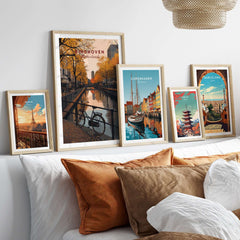Eindhoven Print | Netherlands Home Decor Walll Art displayed among other cityscape prints on a stylish wall.