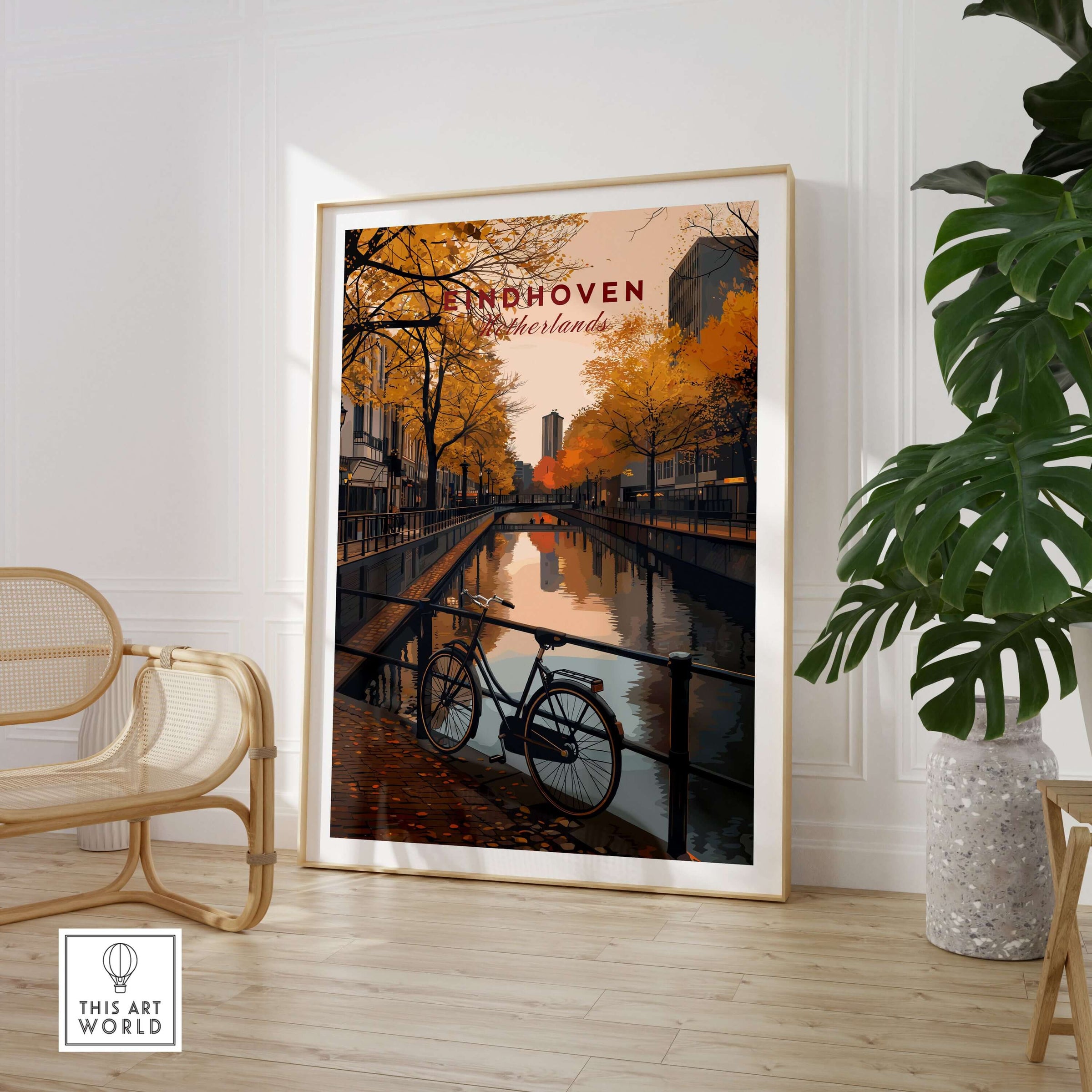 Eindhoven Print | Netherlands Home Decor Walll Art featuring a bike by a canal in autumn setting.