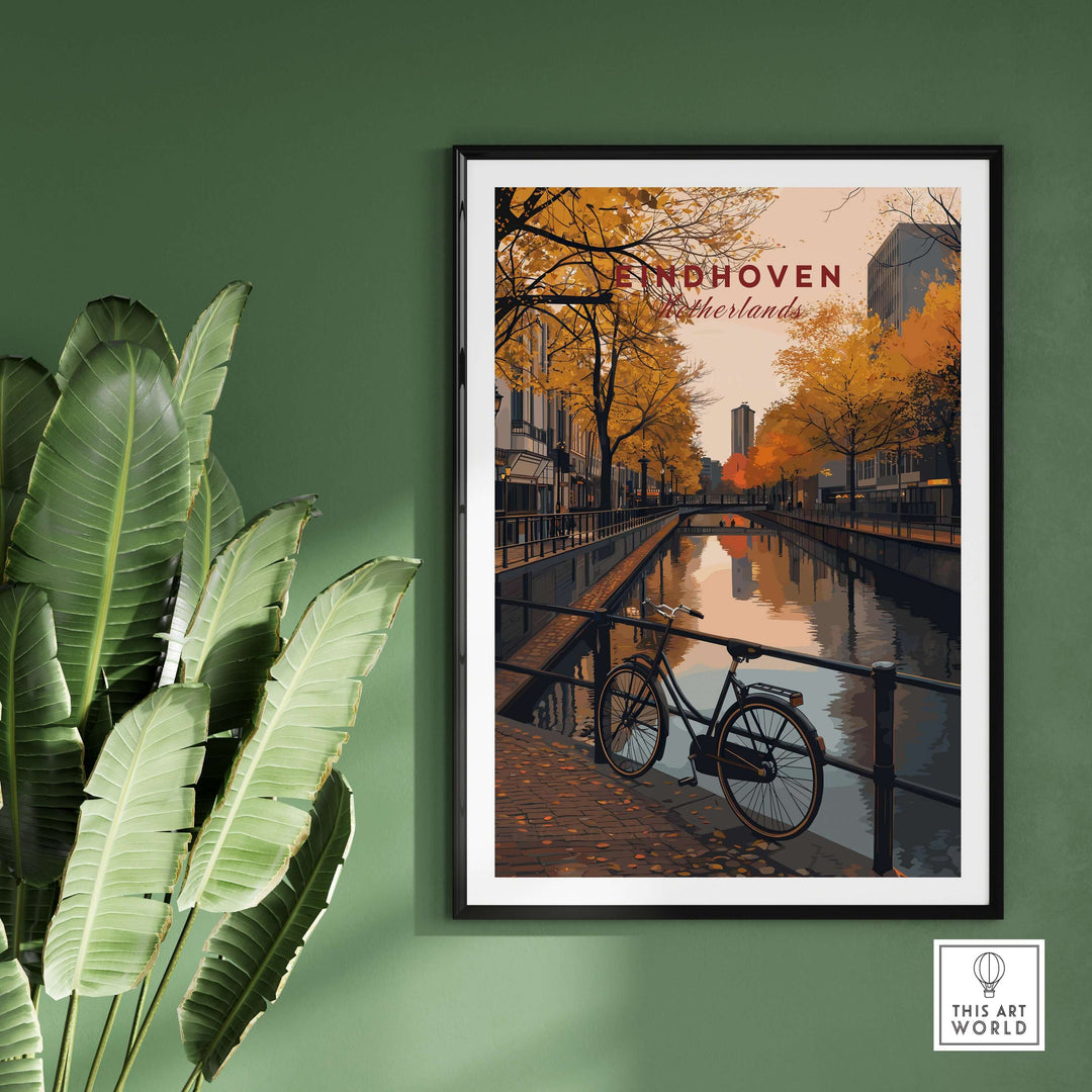 Eindhoven Print | Netherlands Home Decor Walll Art showcasing a bicycle by a canal with autumn foliage.