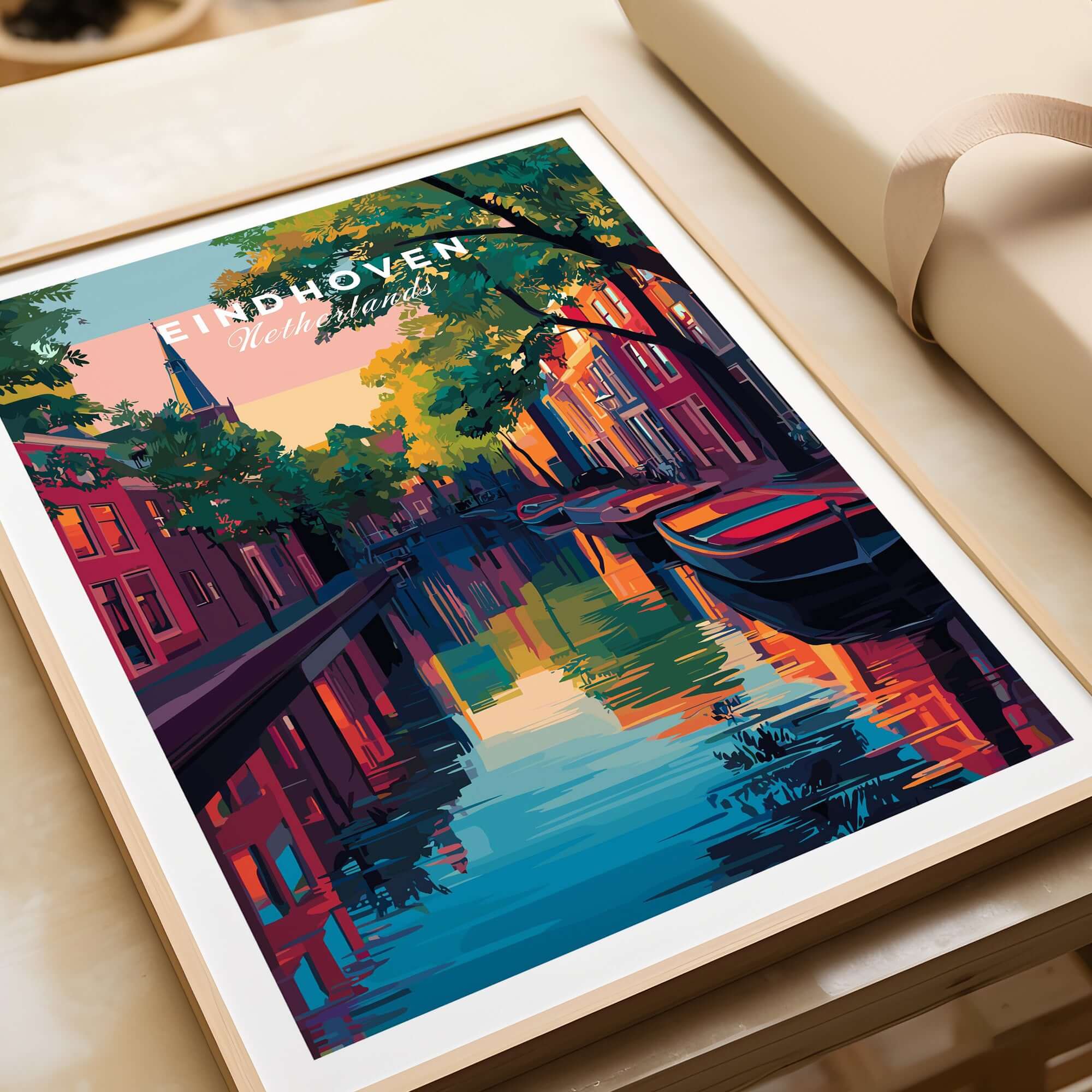 Eindhoven Print | Netherlands Travel Wall Art showcasing colorful canal scene and vibrant architecture.