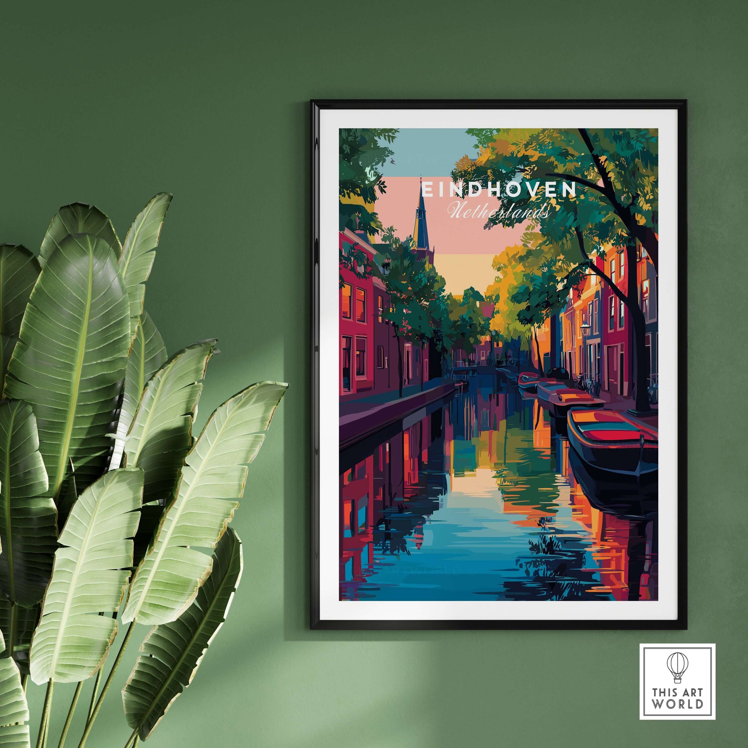 Eindhoven Print | Netherlands Travel Wall Art featuring vibrant cityscape and canals on green wall.