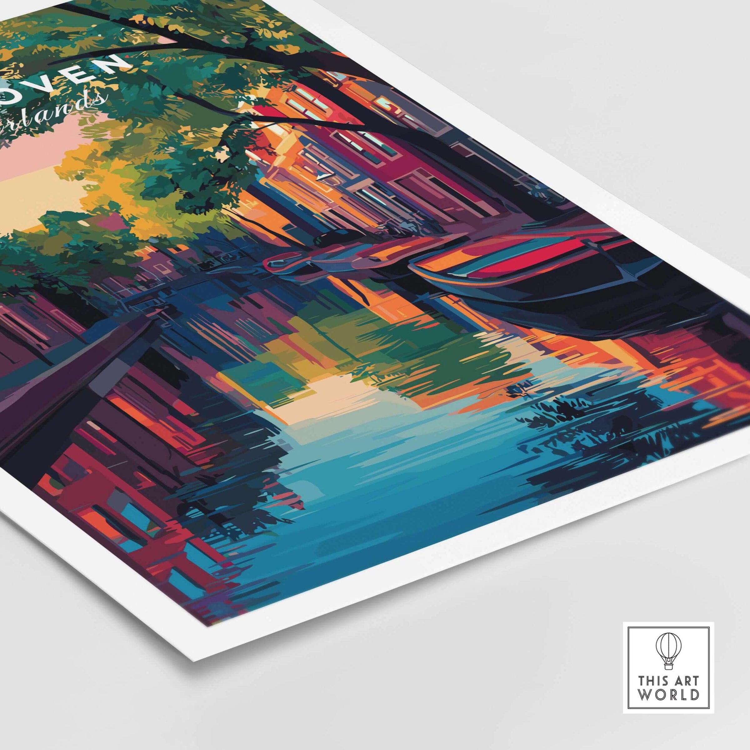 Eindhoven Print | Netherlands Travel Wall Art featuring vibrant canal scene and colorful architecture