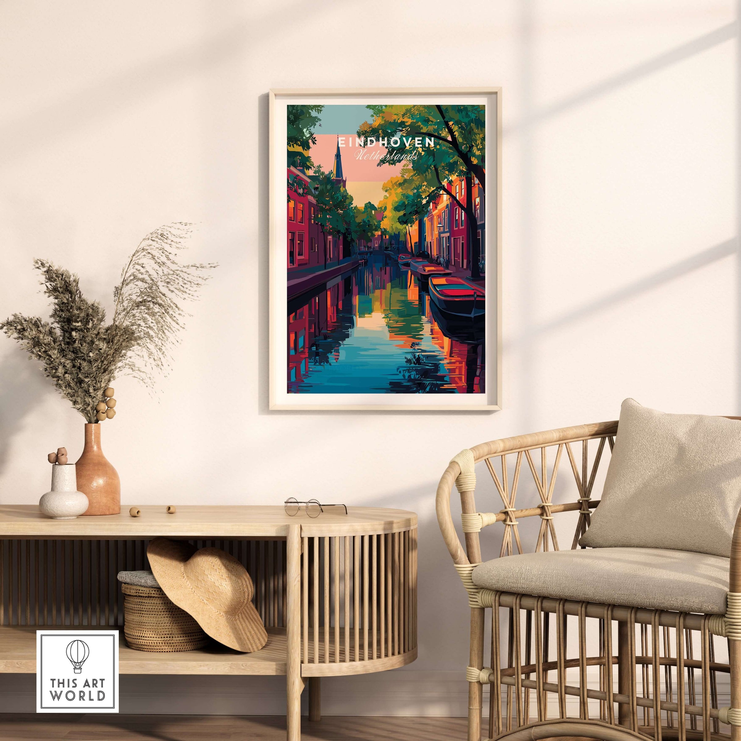 Eindhoven Print | Netherlands Travel Wall Art displayed in a stylish living room with canal view.