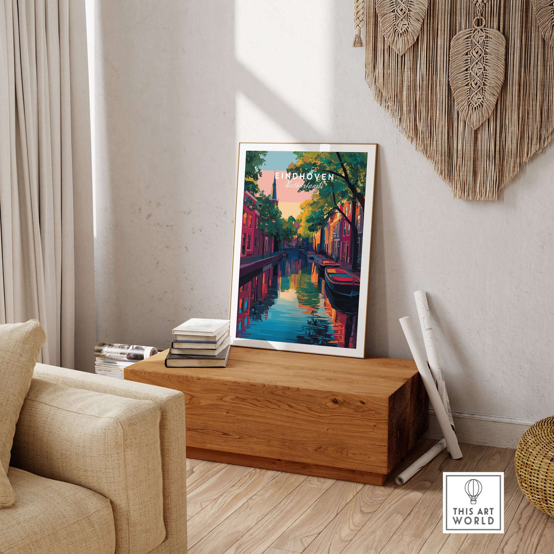 Eindhoven Print | Netherlands Travel Wall Art displayed on a wooden table in a cozy living room setting.