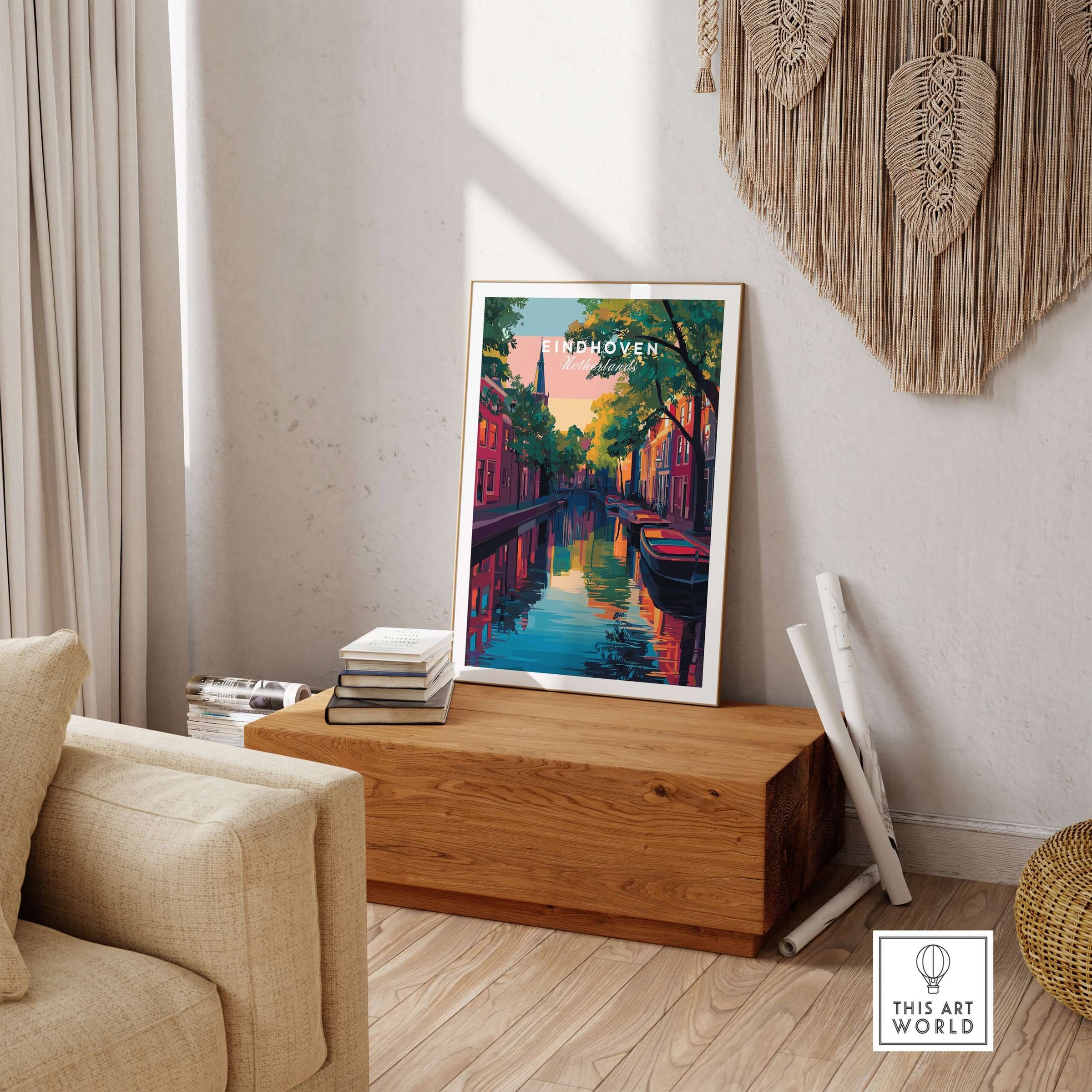 Eindhoven Print | Netherlands Travel Wall Art displayed in a cozy living room with wooden decor.