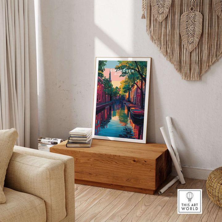 Eindhoven Print | Netherlands Travel Wall Art displayed on a wooden table in a cozy living room setting.