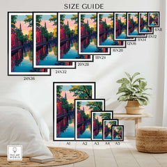 Eindhoven Print | Netherlands Travel Wall Art size guide showcasing various frame options in a stylish interior setting.