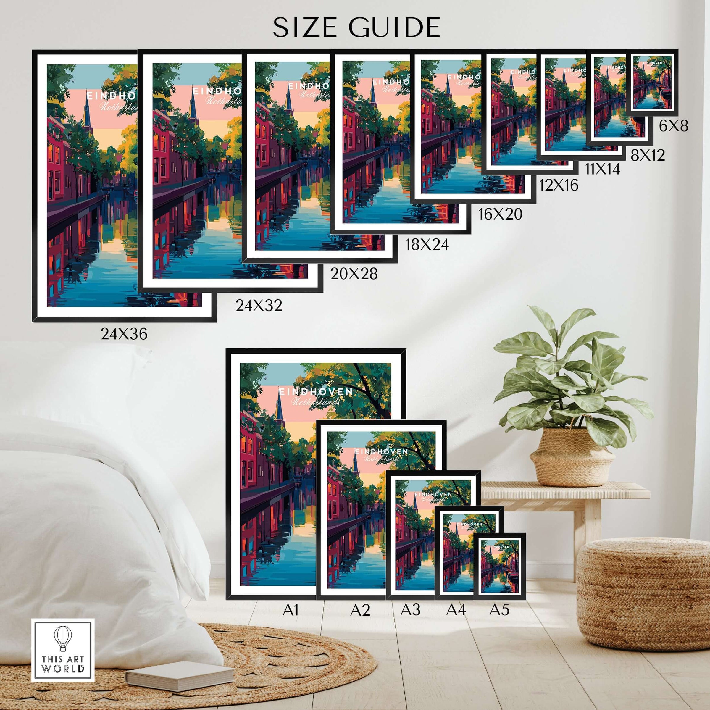 Eindhoven Print | Netherlands Travel Wall Art size guide showcasing various frame options in a stylish interior setting.